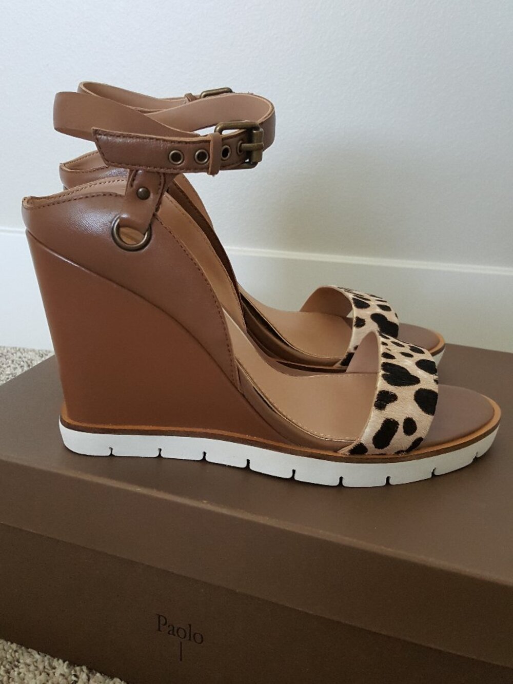 New Cond. Linea Paolo Ella Wedge Sandals Leather Leopard Print 9 Ankle Strap